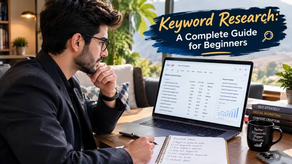 Beginner conducting keyword research on a laptop