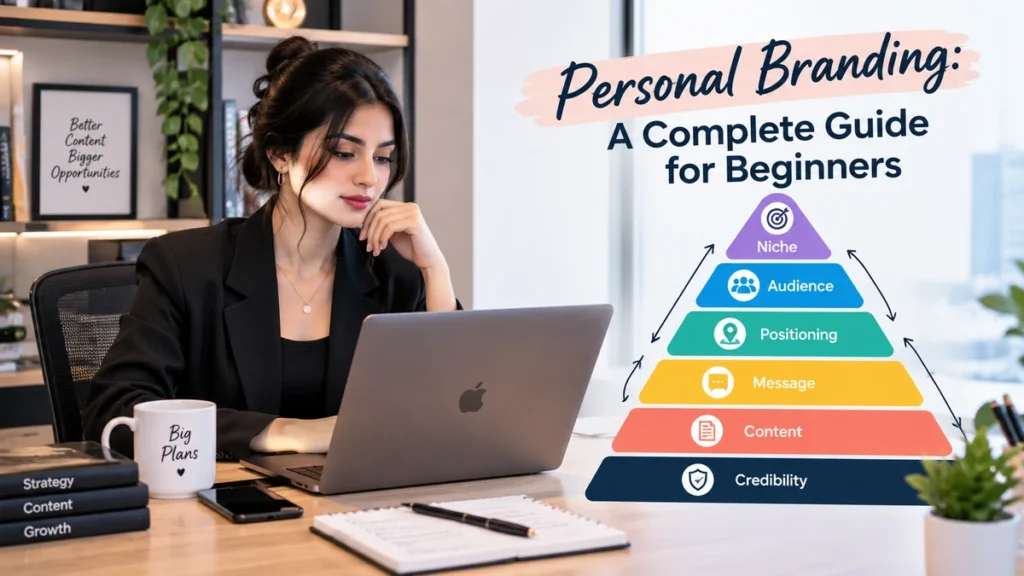 Personal branding framework showing niche, audience, positioning, message, content and credibility