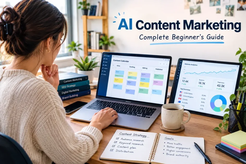 Content marketer reviewing an AI content marketing workflow on a laptop