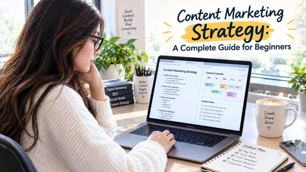 Marketer planning a content marketing strategy at a desk