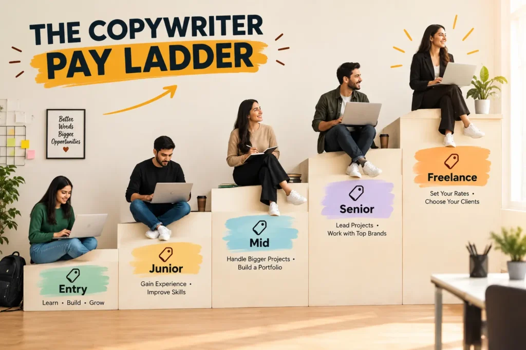 Staircase graphic showing copywriter salary progression from entry level to senior