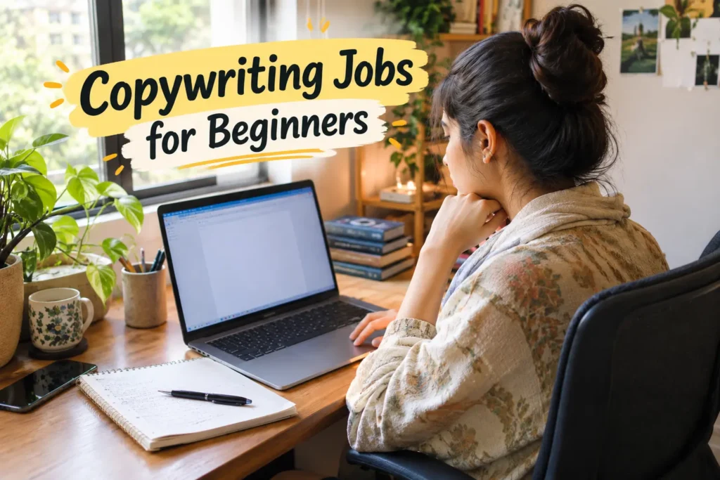Beginner searching for copywriting jobs for beginners at a home desk