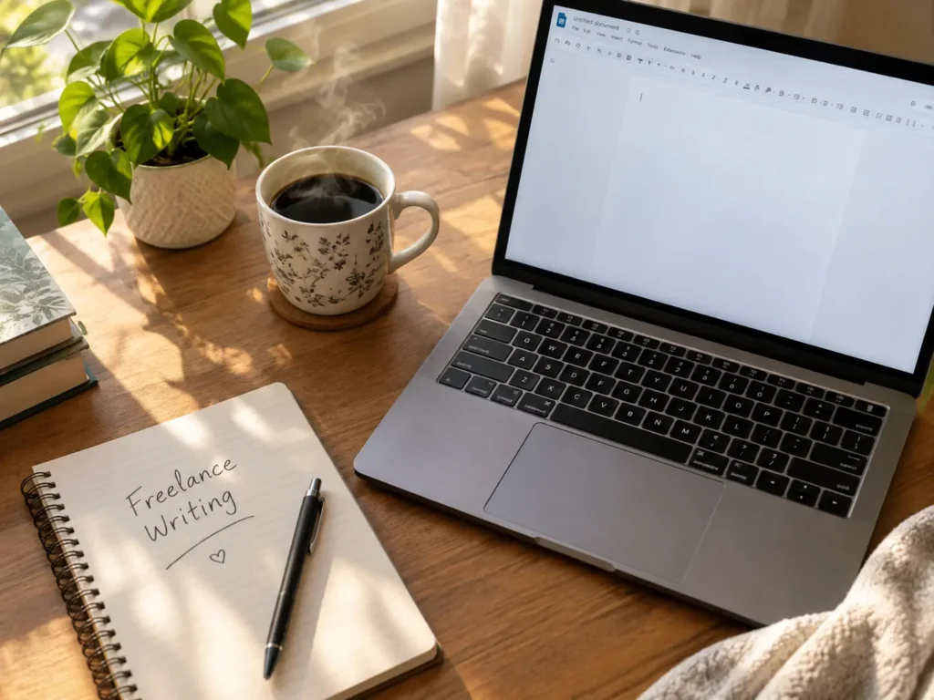 freelance writing jobs for beginners—laptop and notebook on a cozy desk