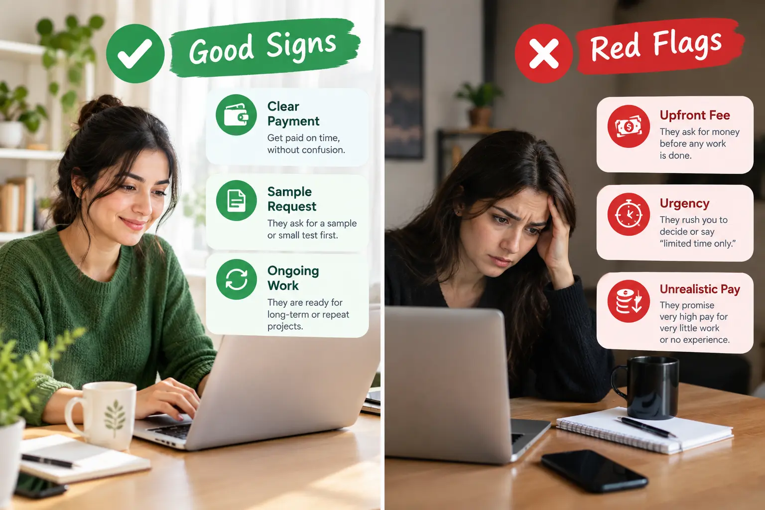 green flag and red flag signs for legitimate freelance writing jobs