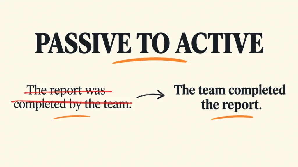 Graphic showing how to reduce passive voice in writing with a before and after sentence