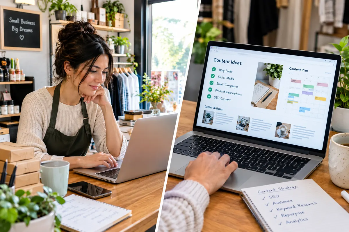 Small business owner using AI content marketing tools