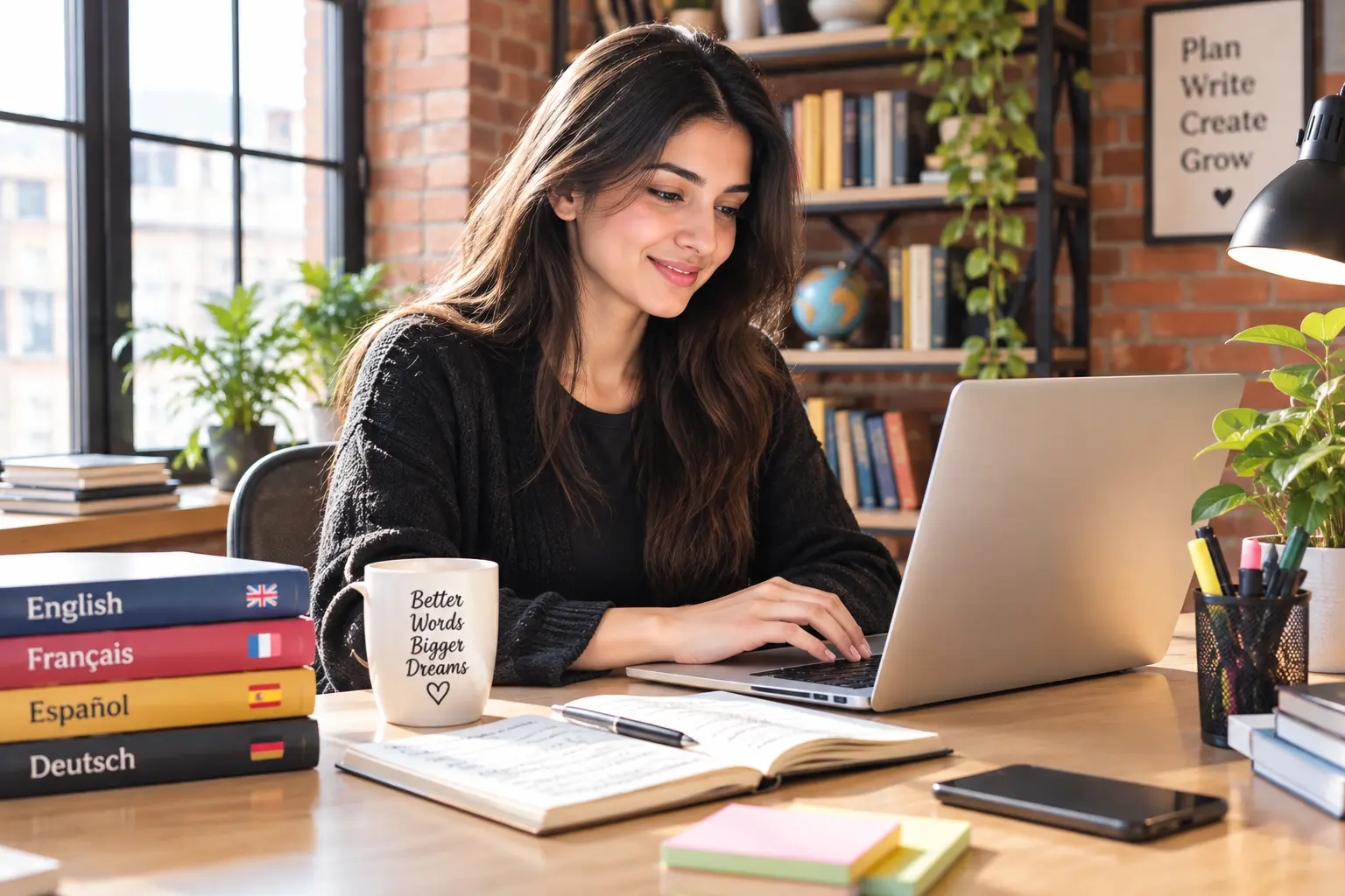 Successful freelance copywriter typing on a laptop in a bright loft office