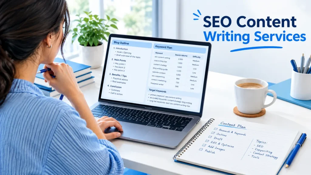 seo content writing services: Content strategist reviewing an SEO blog outline and keyword plan on a laptop