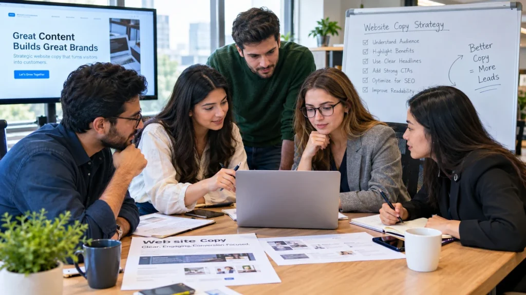 B2B marketing team reviewing copy from a B2B copywriting agency