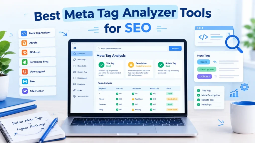 Best Meta Tag Analyzer Tools for SEO showing title, meta description, and robots tag analysis in an SEO dashboard.