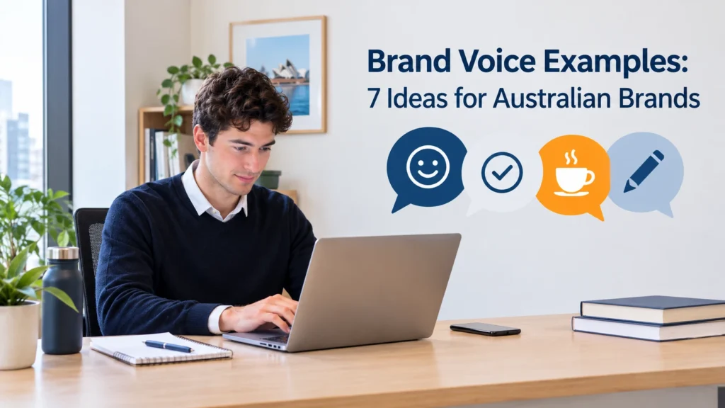 Four speech bubbles showing different brand voice examples for Australian small businesses