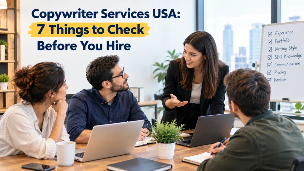 Copywriter services USA team meeting discussing seven things to check before hiring a professional copywriter