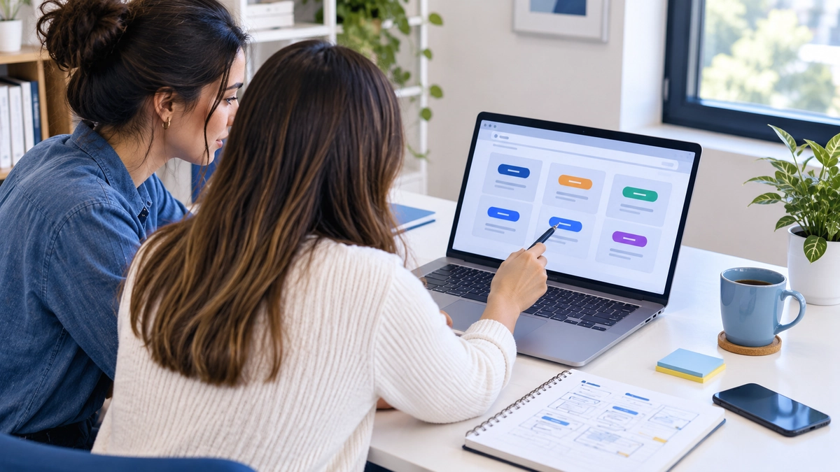 Marketer comparing call to action button designs on a laptop
