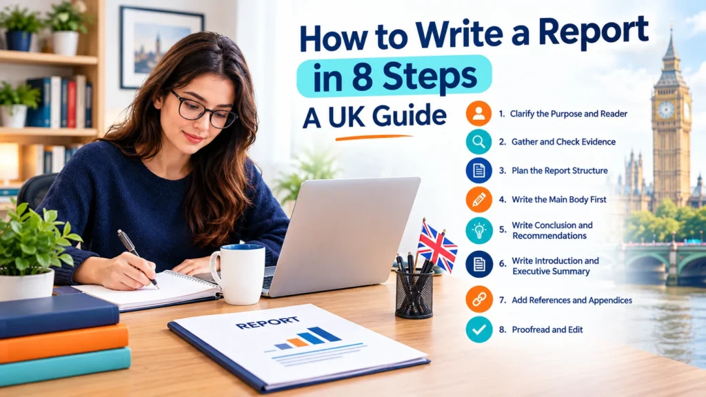 How to write a report in 8 steps, a UK guide showing a student writing notes at a desk with a laptop and report folder