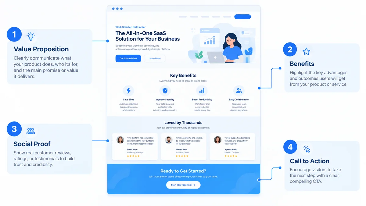 Diagram of key SaaS landing page sections: value proposition, benefits, social proof and CTA