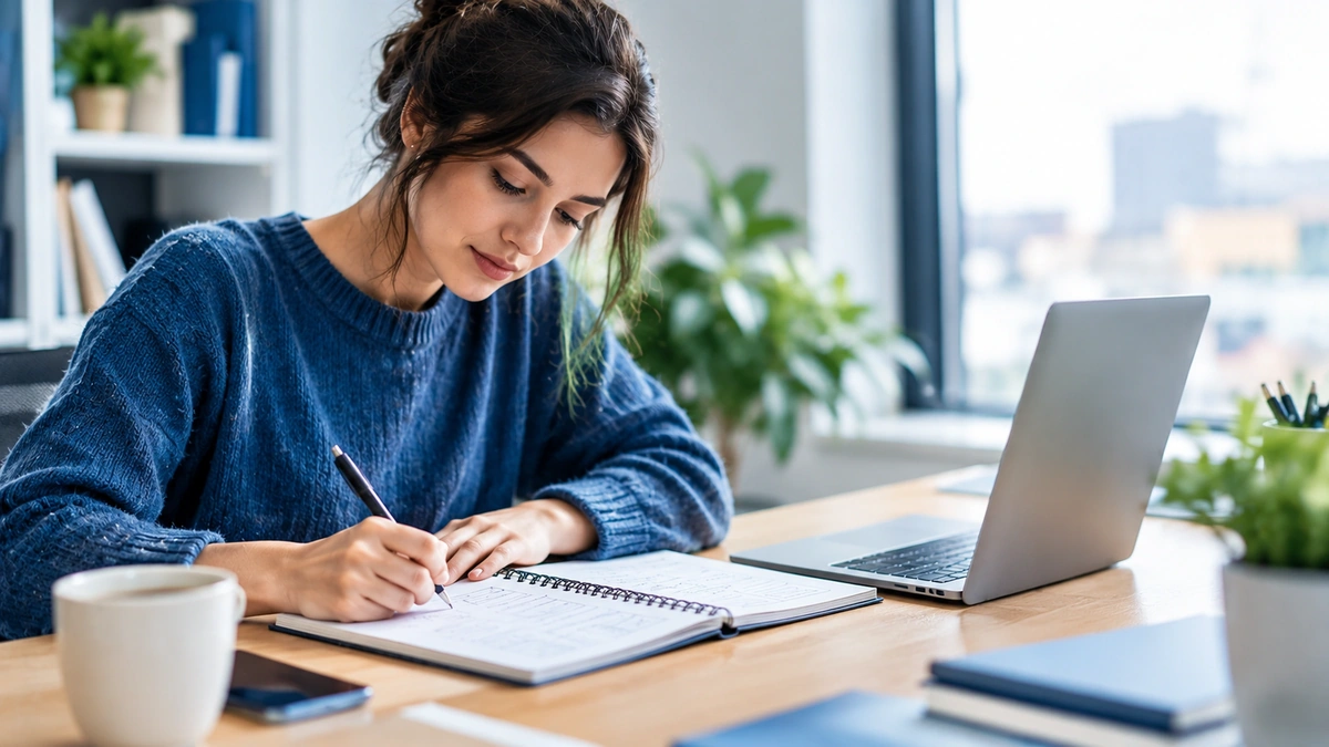 Content writer outlining a blog post in a notebook next to a laptop