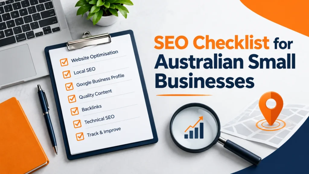 Illustration of a clipboard SEO checklist with a magnifying glass and map pin