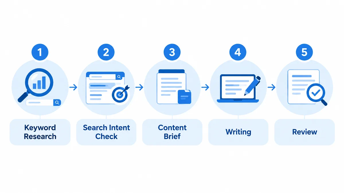 Diagram of the SEO blog post planning steps from keyword research to review