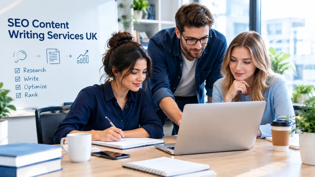 SEO content writing services UK featured image showing a content writer planning a blog post on a laptop