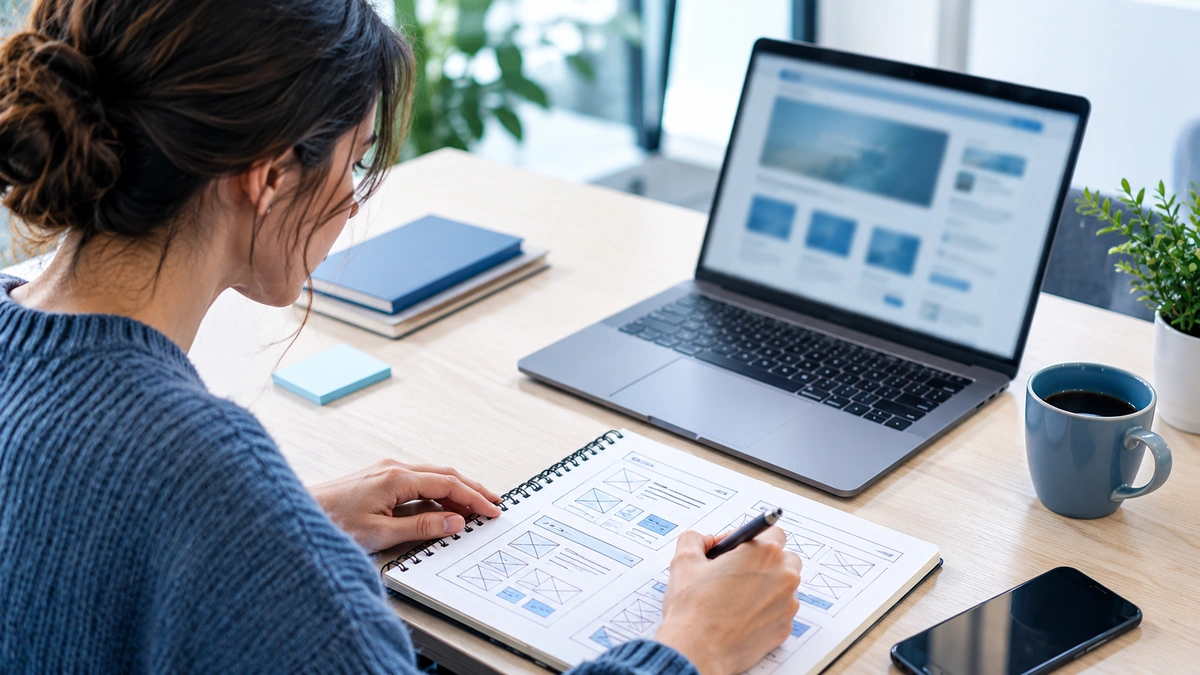 Copywriter planning a service page layout with notes and a laptop