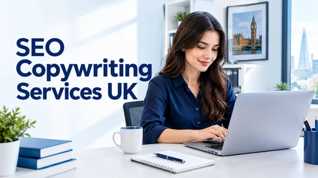 SEO copywriting services UK featured image showing a copywriter working on a laptop