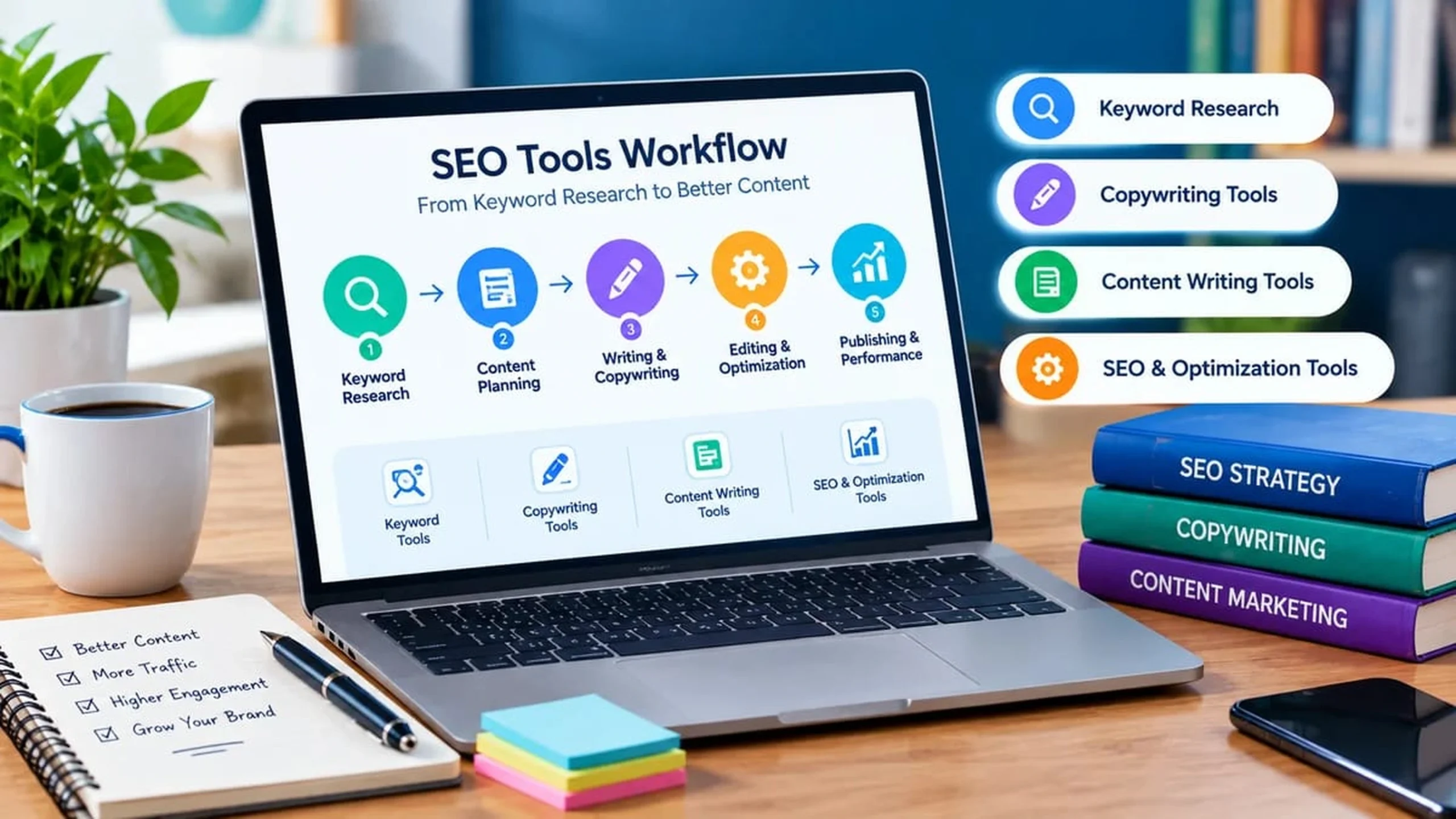 SEO tools workflow on a laptop showing keyword research, copywriting, content writing, and SEO optimization tools.