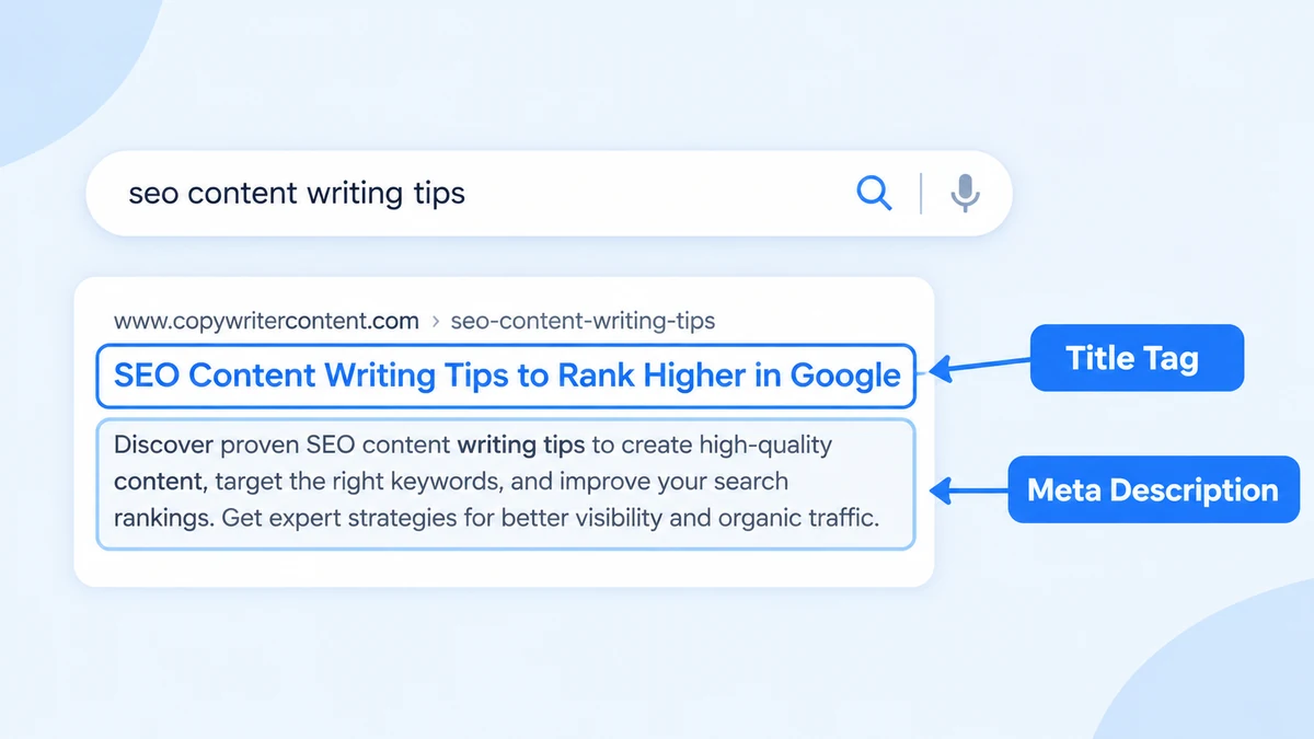 Diagram showing how a title tag and meta description appear in a search result