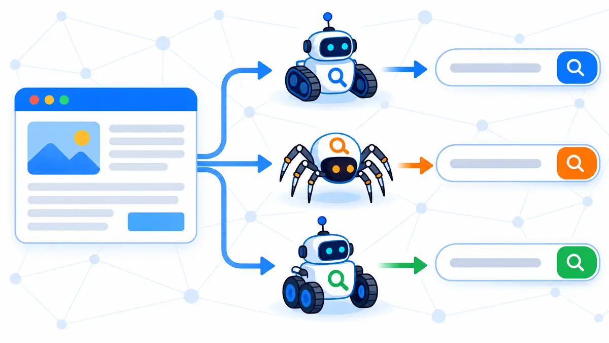 Illustration of a website connected to three web crawlers that process pages for search engines.